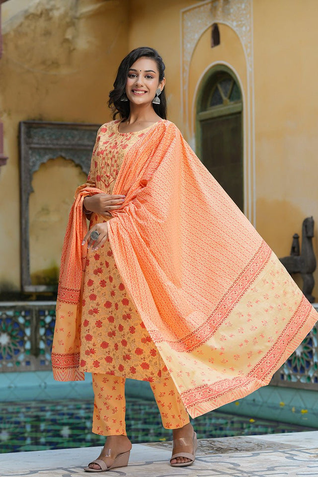 Orange Cotton Straight Kurti Pant With Dupatta