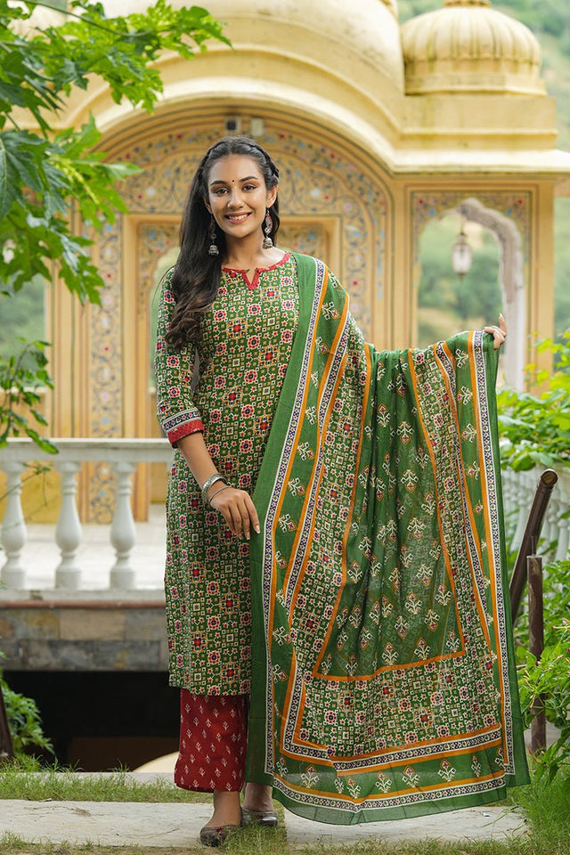 Green Cotton Straight Suit Set