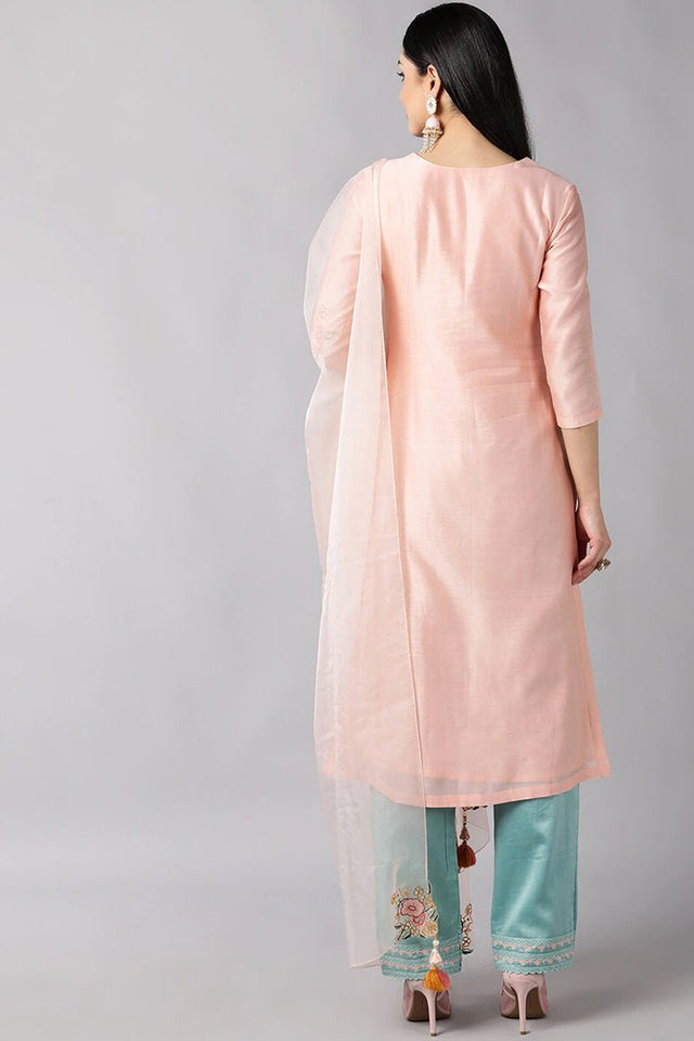 Peach Poly Silk Straight Kurti Pant With Dupatta