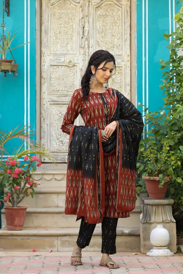 Brown Rayon Blend Straight Kurti Pant With Dupatta