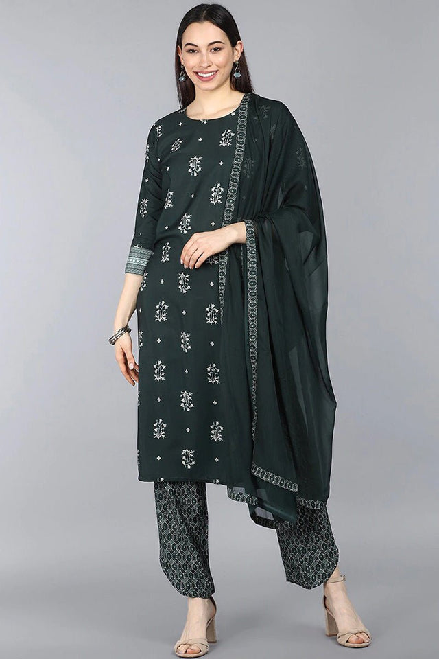 Dark Green Poly Crepe Floral Printed Straight Suit Set