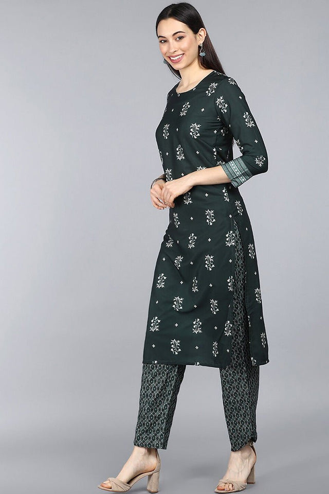 Dark Green Poly Crepe Floral Printed Straight Suit Set