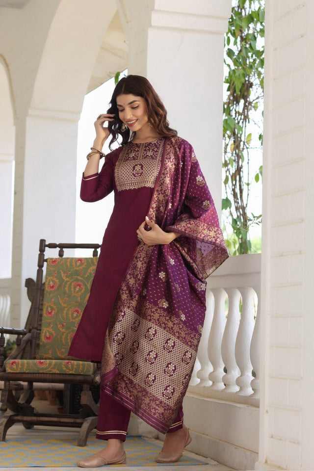 Burgundy Poly Silk Solid Straight Suit Set