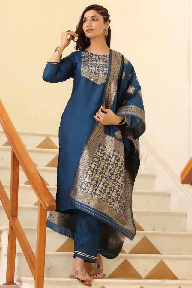 Blue Poly Silk Solid Straight Suit Set
