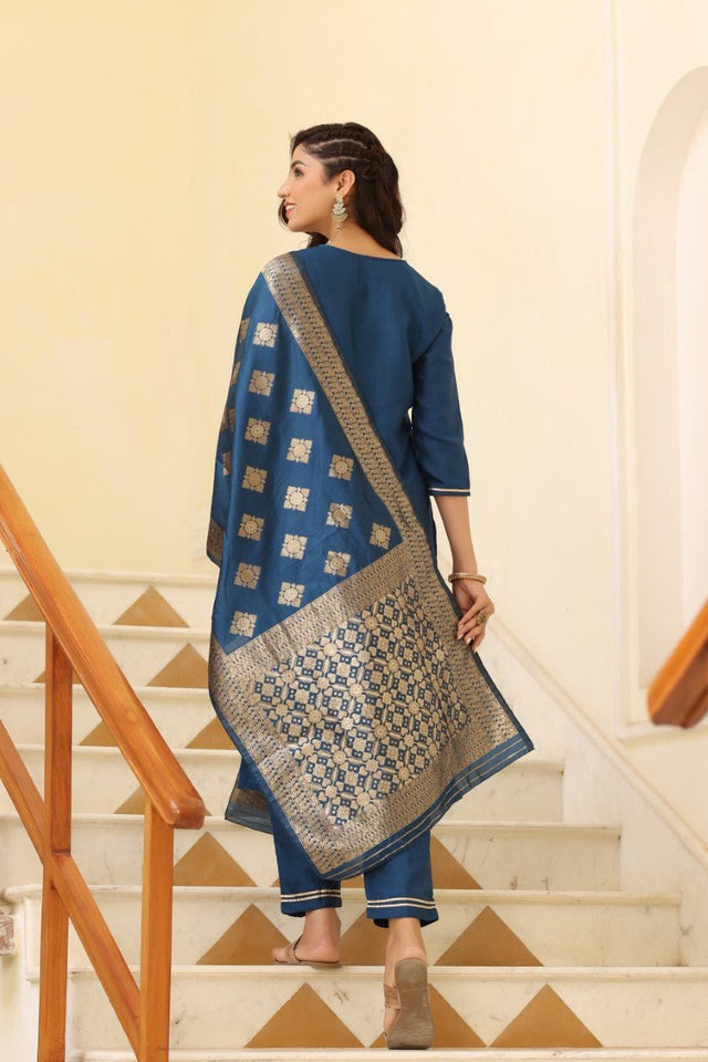 Blue Poly Silk Solid Straight Suit Set