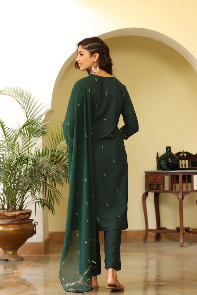 Green Poly Silk Straight Suit Set