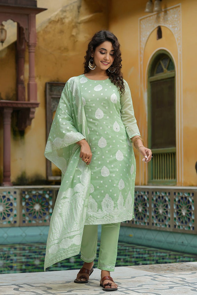 Light Green Poly Chanderi Ethnic Motifs Straight Suit Set