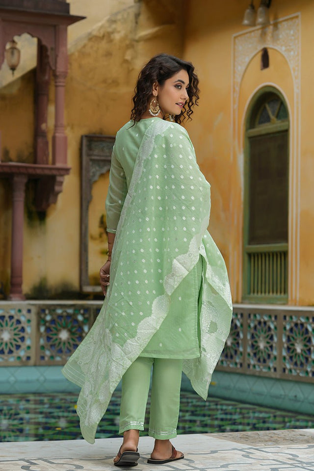 Light Green Poly Chanderi Ethnic Motifs Straight Suit Set