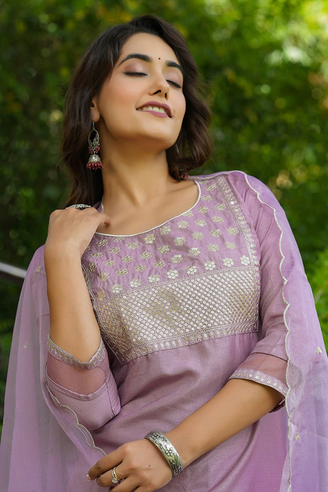 Mauve Poly Silk Solid Sequin Straight Suit Set