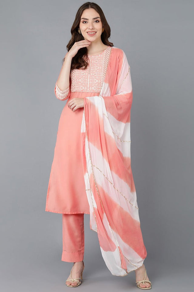 Peach Poly Silk Embroidered Straight Suit Set