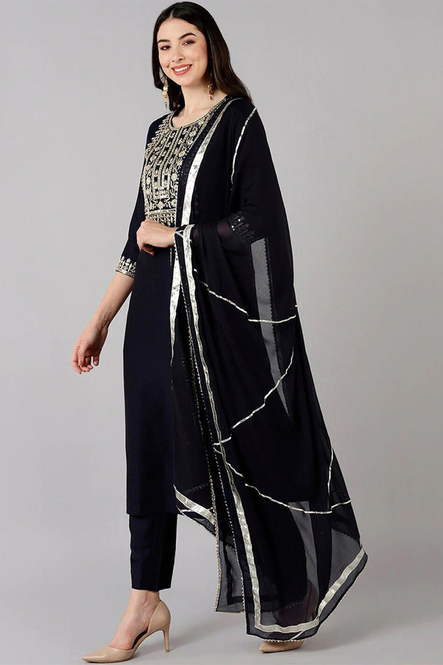 Navy Blue Polyester Straight Kurti Pant With Dupatta