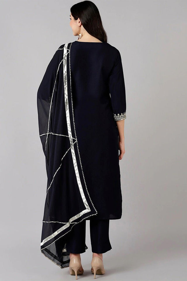 Navy Blue Polyester Straight Kurti Pant With Dupatta