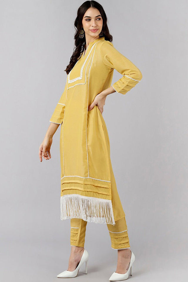 Yellow Poly Silk Solid Straight Kurti Set