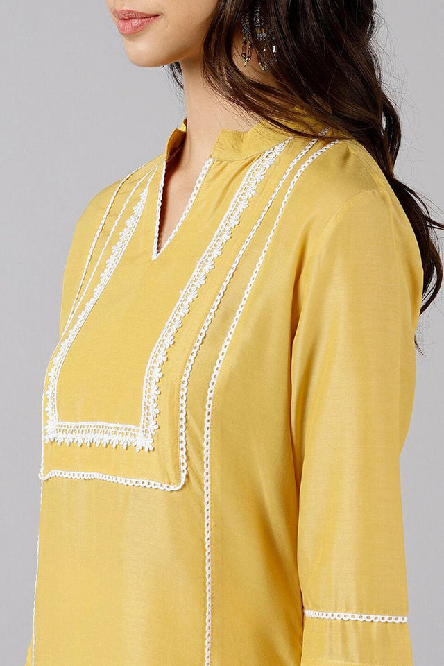 Yellow Poly Silk Solid Straight Kurti Set