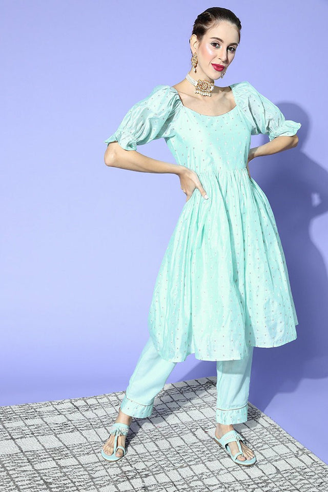 Sky Blue Poly Chanderi Square Neck Kurti Set