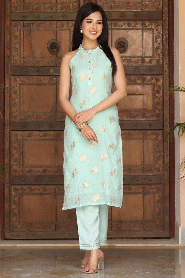 Blue Poly Chanderi Woven Kurti Set