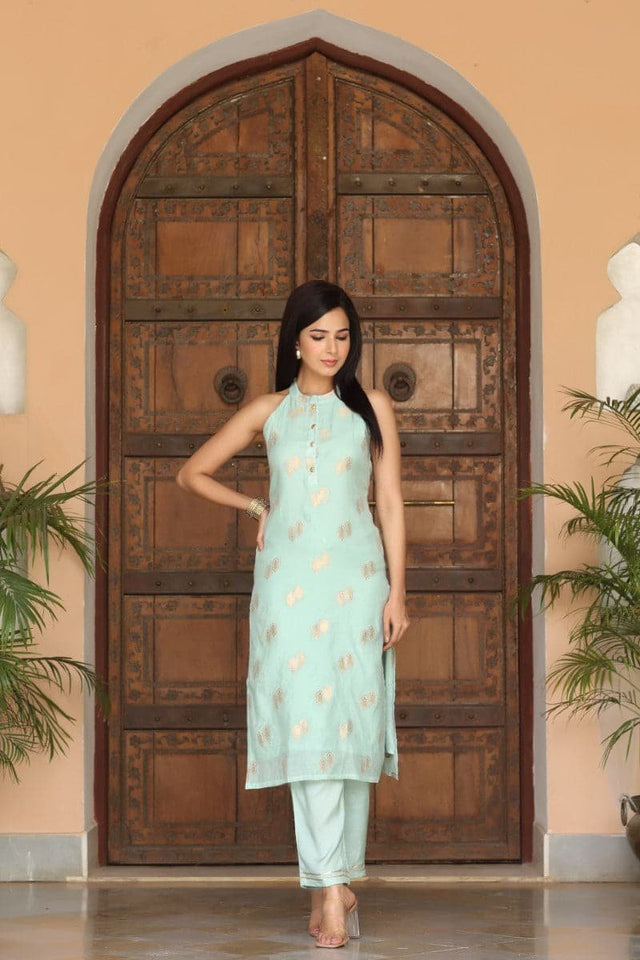 Blue Poly Chanderi Woven Kurti Set