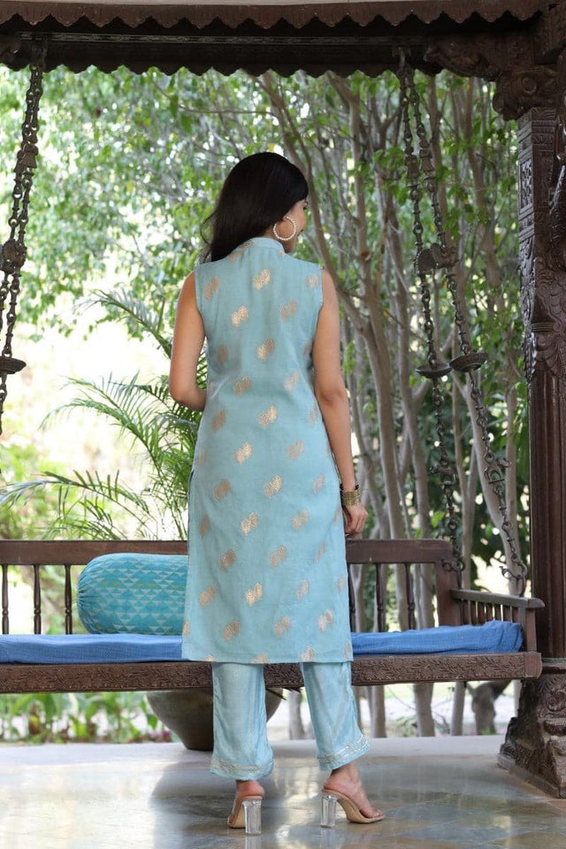 Blue Poly Chanderi Woven Kurti Set