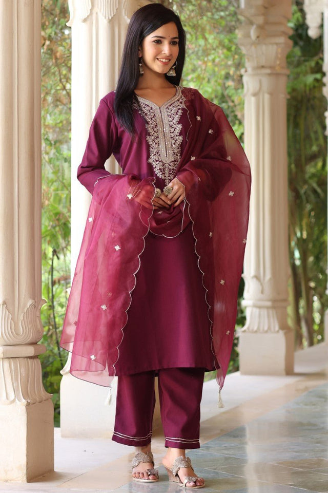Wine Poly Silk Solid Embroidered Straight Suit Set