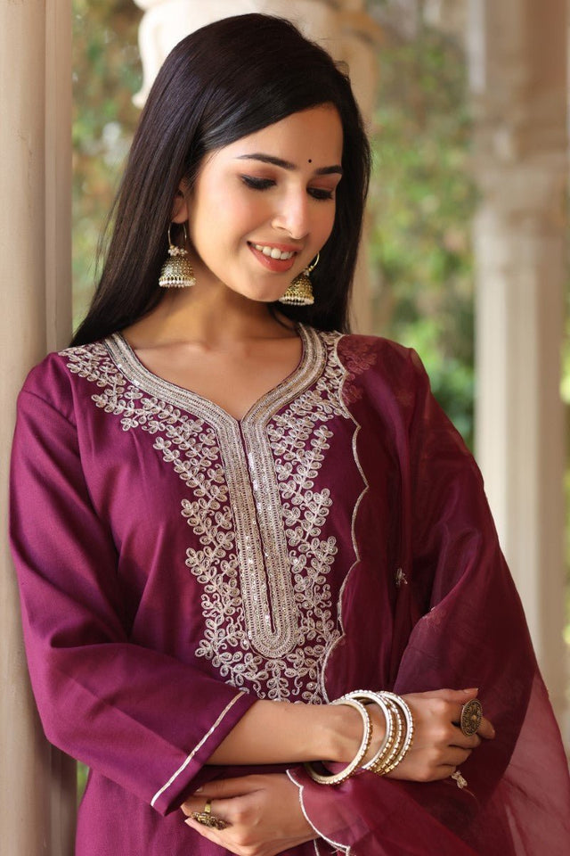 Wine Poly Silk Solid Embroidered Straight Suit Set