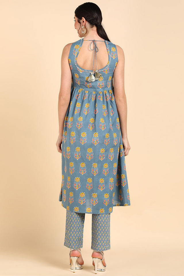 Blue Cotton Floral Print Anarkali Kurti Set