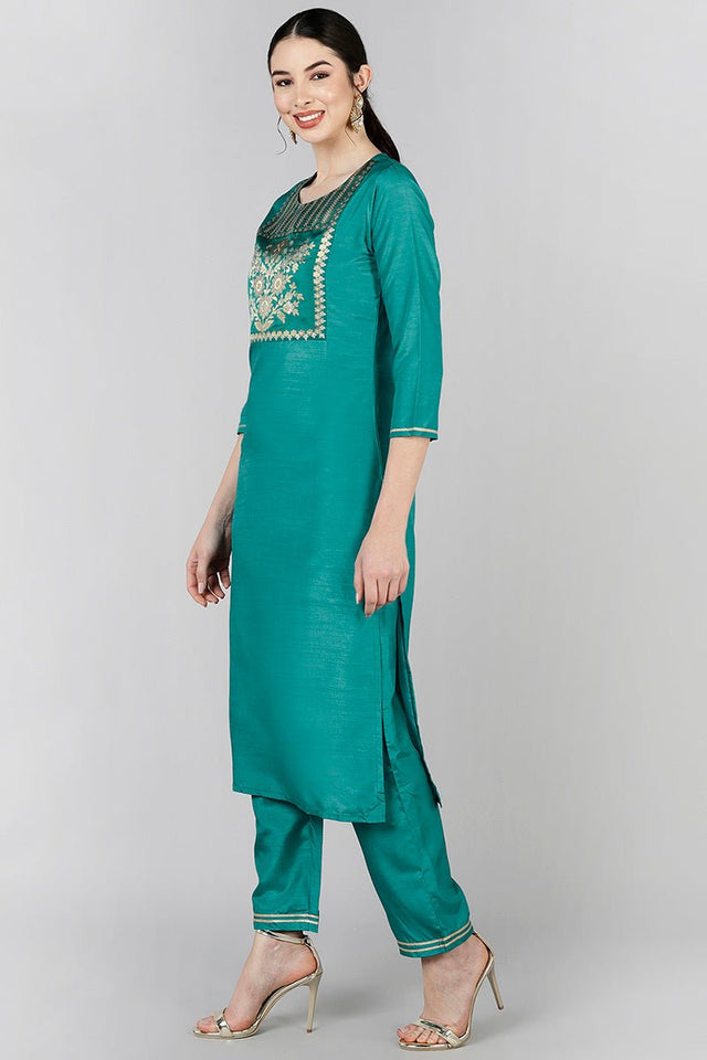 Teal Poly Silk Yoke Design Straight Suit Set