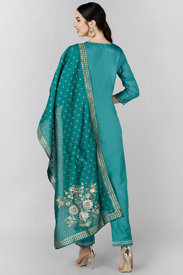 Teal Poly Silk Yoke Design Straight Suit Set