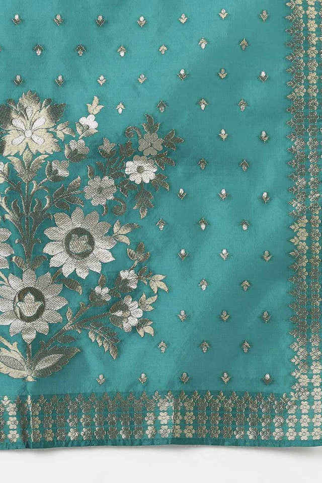 Teal Poly Silk Yoke Design Straight Suit Set