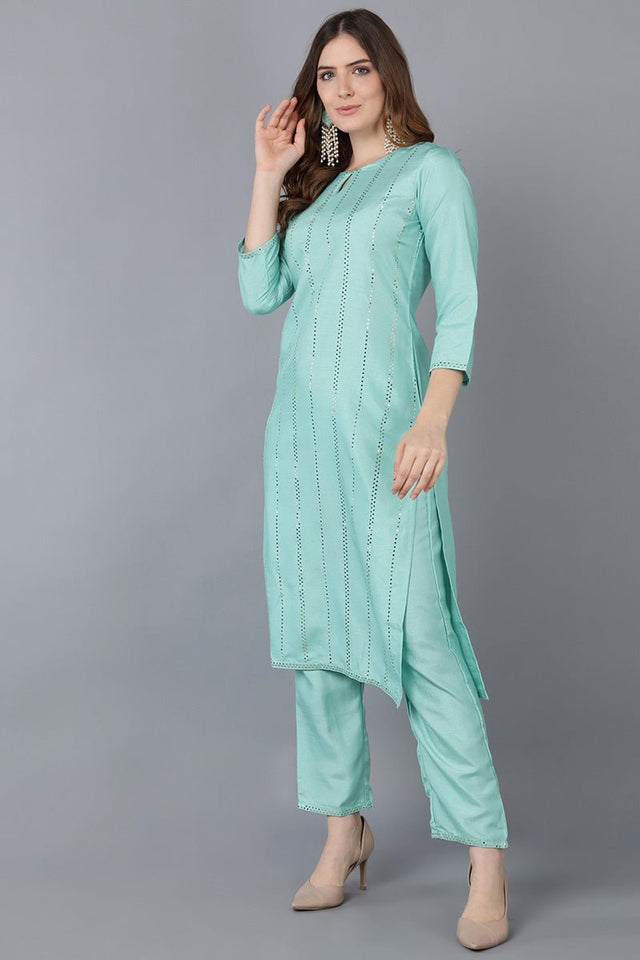 Sea Green Poly Silk Straight Suit Set
