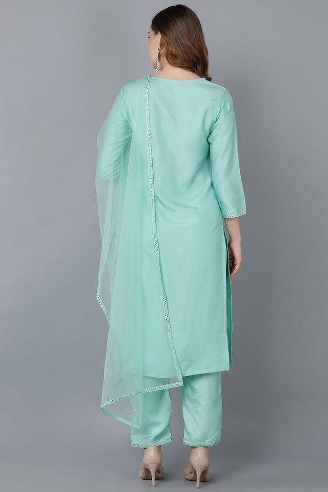 Sea Green Poly Silk Straight Suit Set