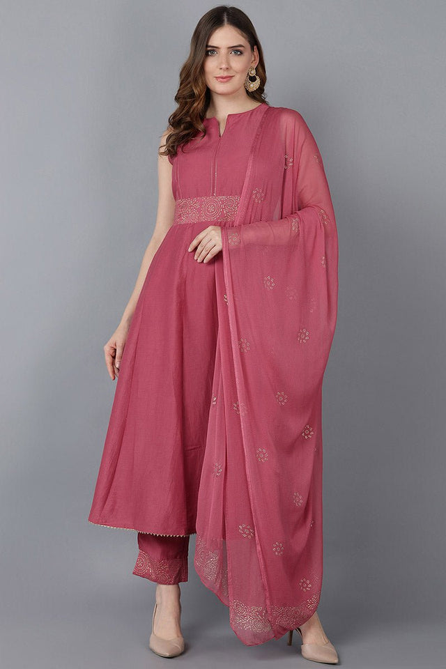 Pink Poly Silk Anarkali Kurti Pant With Dupatta