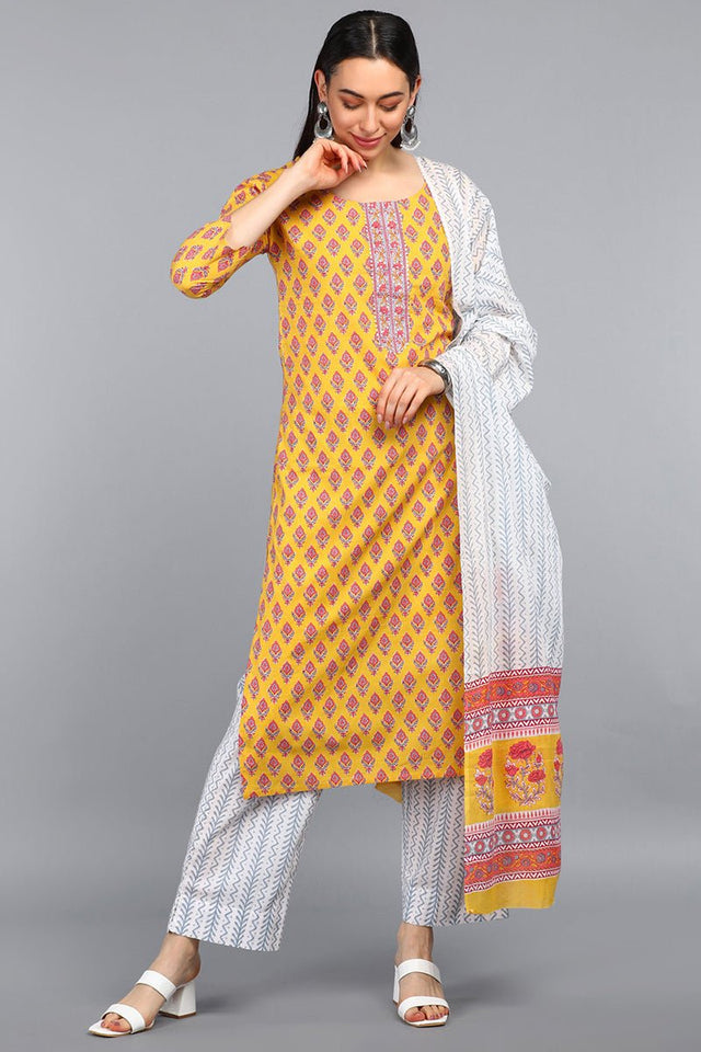 Mustard Polyester Straight Kurti Pant With Dupatta