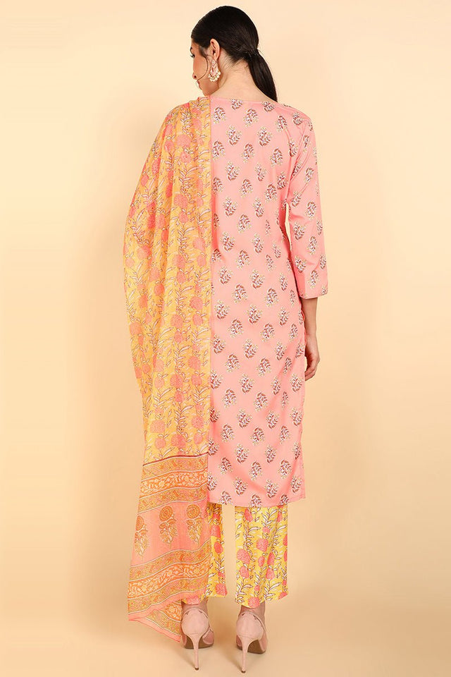 Peach Polyester Ethnic Motifs Straight Suit Set