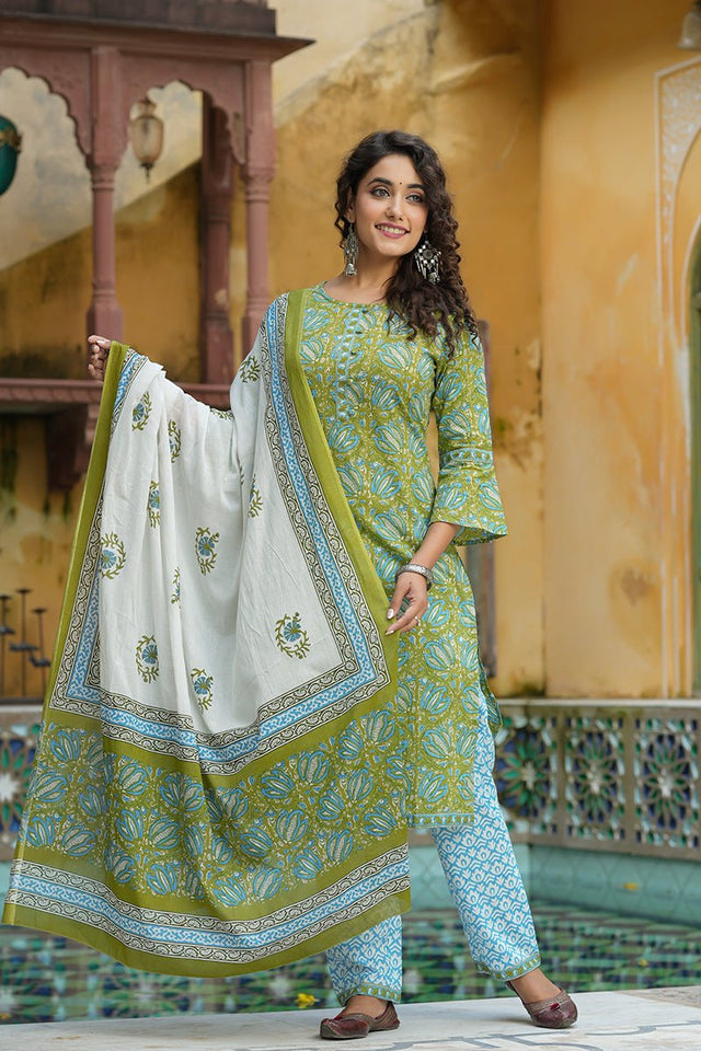 Green Cotton Straight Suit Set