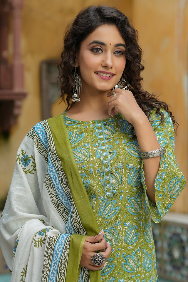 Green Cotton Straight Suit Set
