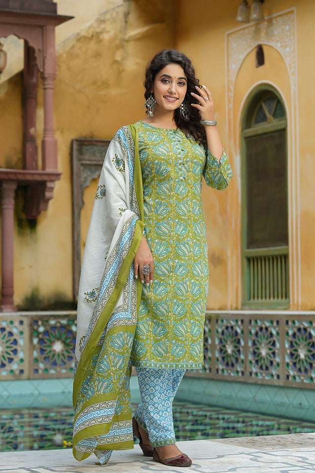 Green Cotton Straight Suit Set