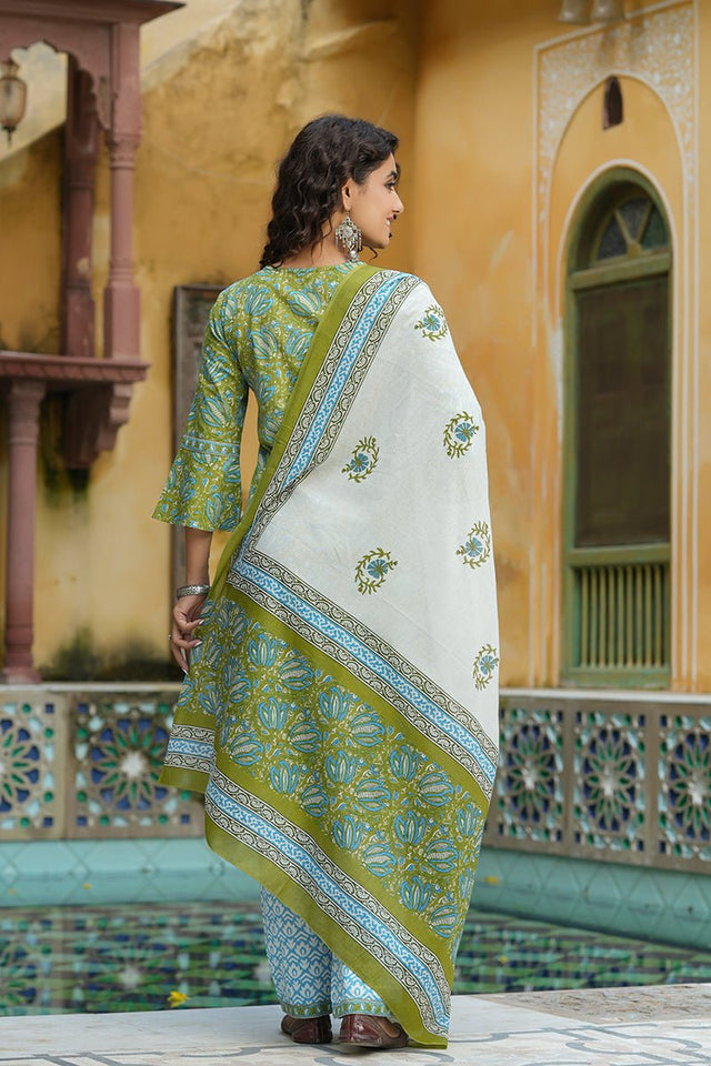 Green Cotton Straight Suit Set