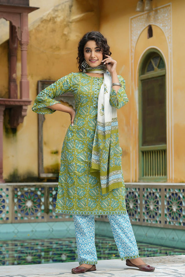 Green Cotton Straight Suit Set