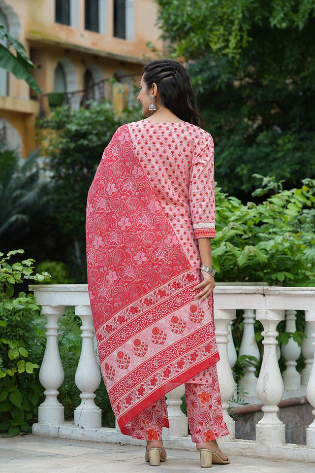 Pink Cotton Straight Suit Set