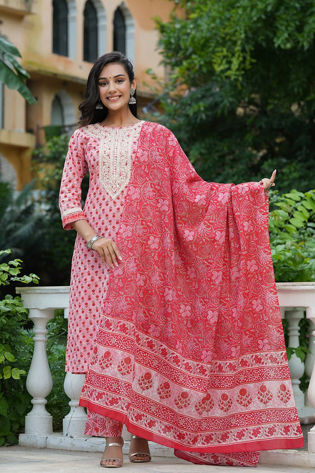 Pink Cotton Straight Suit Set