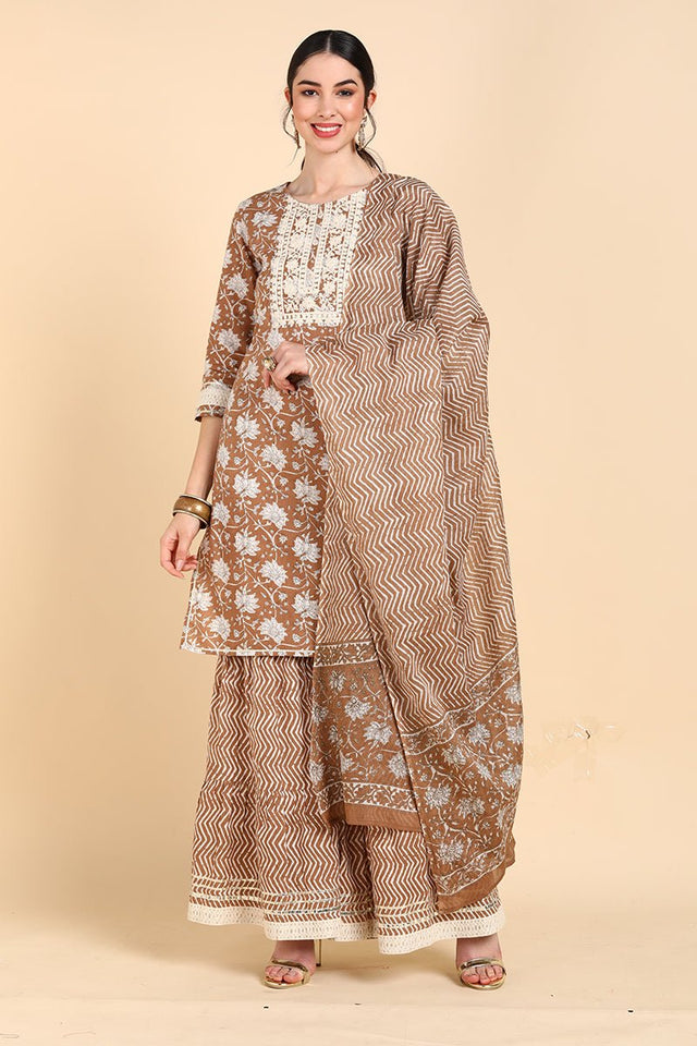 Brown Cotton Straight Sharara Suit Set