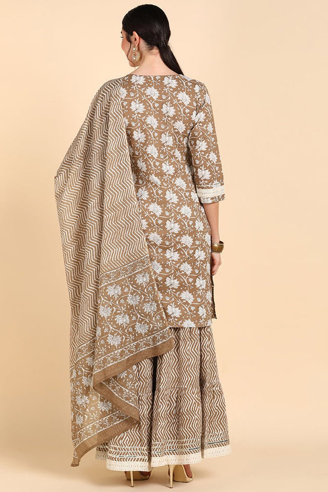 Brown Cotton Straight Sharara Suit Set