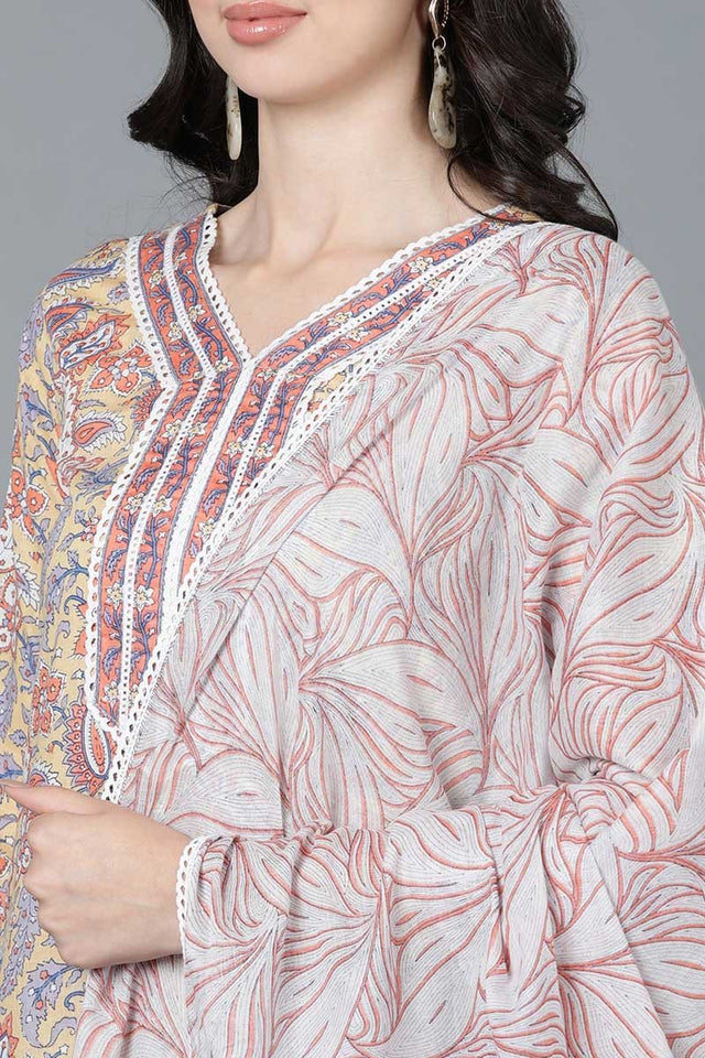 Cream Cotton Straight Kurti Pant With Dupatta Set