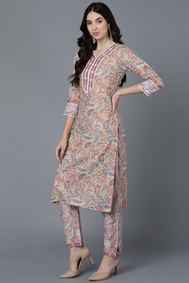 Cream Cotton Straight Kurti Pant With Dupatta Set