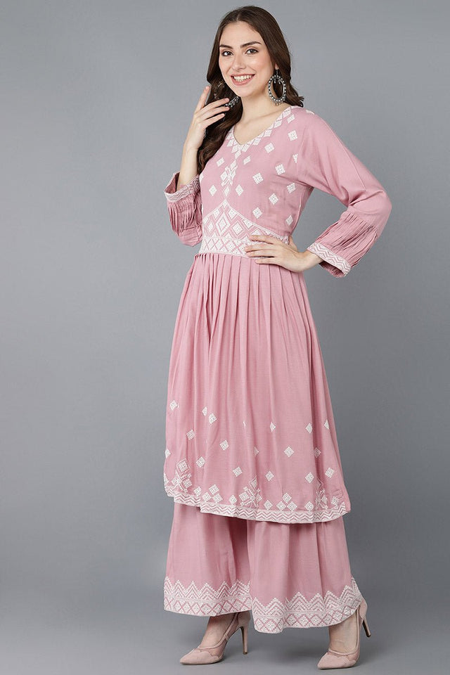 Pink Poly Silk Anarkali Kurti Sharara Suit Set Set