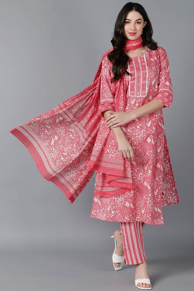 Pink Cotton Printed Kurti Pant Set