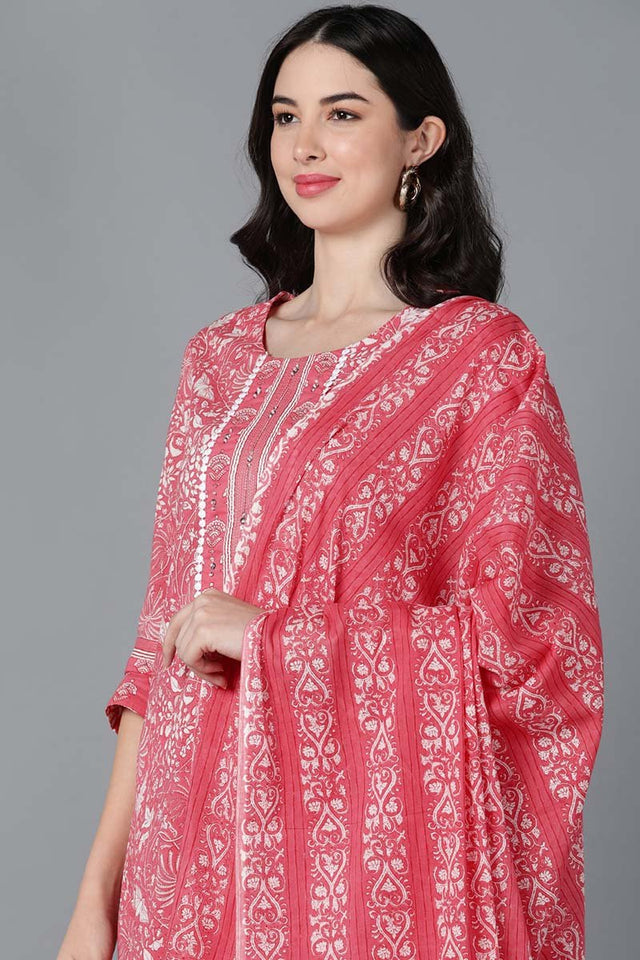 Pink Cotton Printed Kurti Pant Set