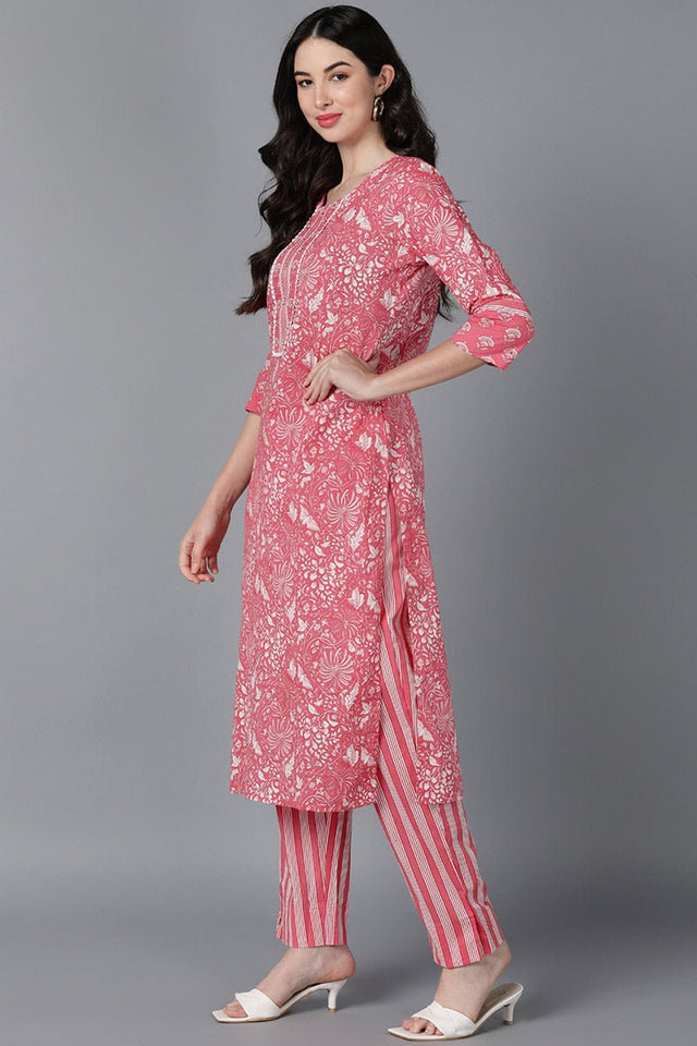 Pink Cotton Printed Kurti Pant Set