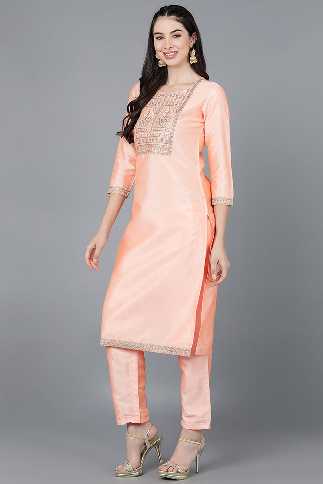 Peach Poly Silk A-Line Kurti Pant With Dupatta