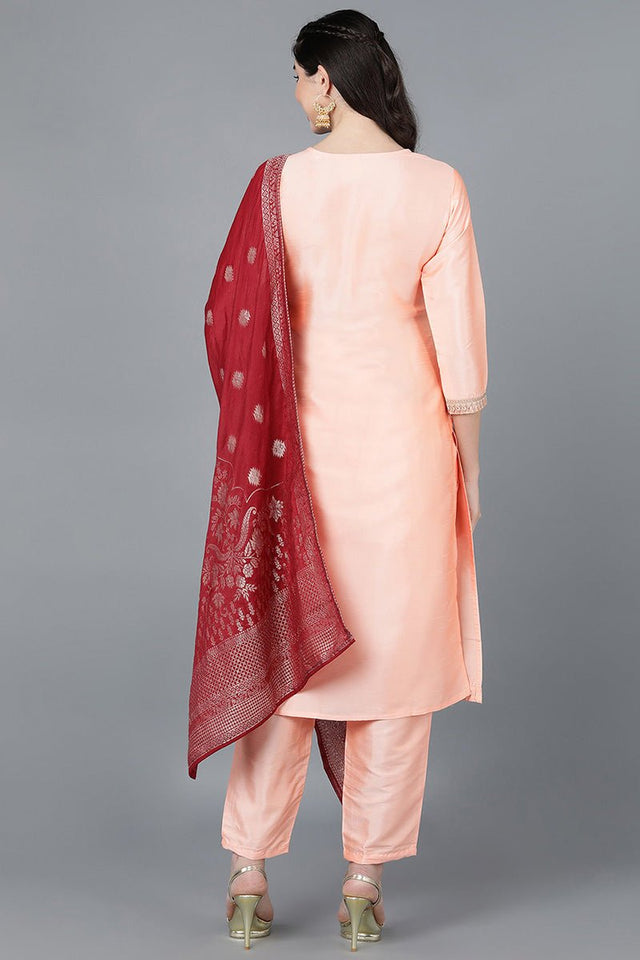 Peach Poly Silk A-Line Kurti Pant With Dupatta